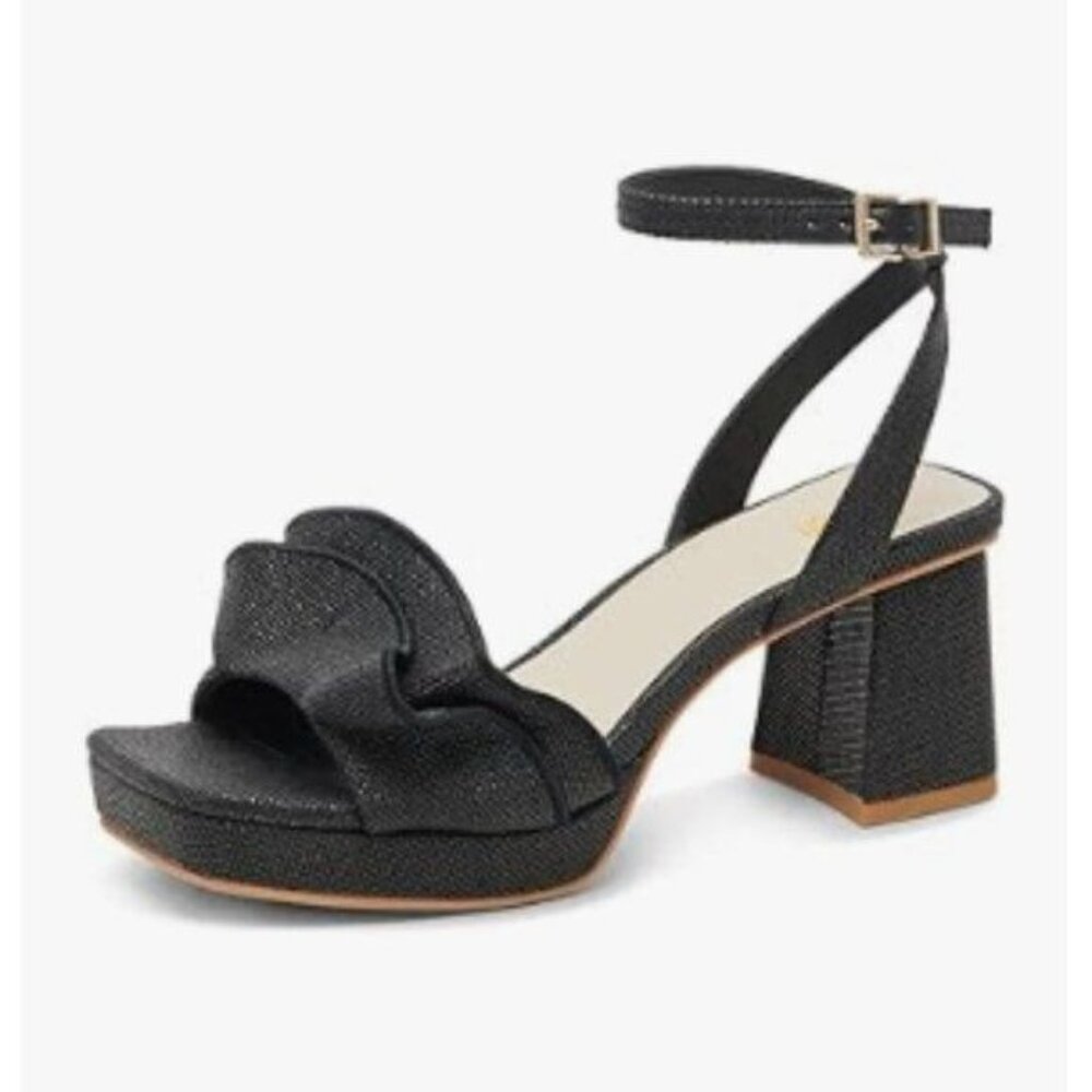 Pazzion Black Platform Square Toe Pleated Ruffle Sandals Chunky High Heels Shoes